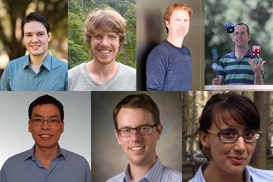 Clockwise from top left: Riccardo Comin, Timothy Cronin, Andrew Lawrie, Elchanan Mossel, Kerstin Perez, Alexander Radosevich, and Bin Zhang.