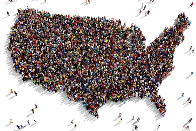 Rendering of United States filled up as thousands of people