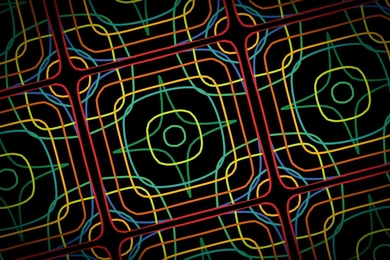 This image shows simulated iso-frequency contours of a photonic crystal slab superimposed on each other and tiled. 