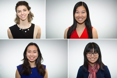 Clockwise from top left: Alix de Monts ’14, senior Anita Liu, senior Melody Liu, and senior Lisa Ho have been selected as Schwarzman Scholars.
