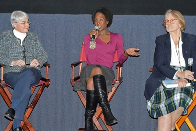 "Hidden Figures" author and producer Margot Lee Shetterly fields a question at the MIT pre-release screening of the film based on her book. MIT Museum Director of Collections Deborah Douglas (left) and Institute Professor Sheila Widnall were also on the post-screening discussion panel.