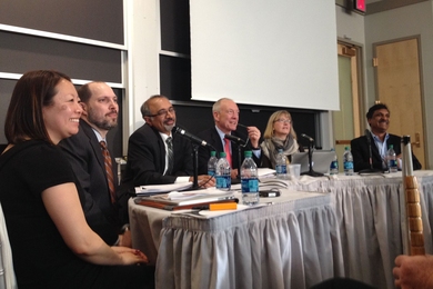 At MIT, a panel discussed a new U.S. Department of Education report. Left to right: Sharon Lew, senior policy advisor and key author of the supplement; Joseph South, director of OET; Sanjay Sarma, vice president for open learning at MIT; Ted Mitchell, U.S. under secretary of education; Barbara Means, director of the Center for Technology in Learning at SRI International; and Anant Agarwal, CEO of ...