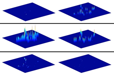 MIT chemical engineers have developed an extremely sensitive detector that can track single cells’ secretion of dopamine. These video stills show a single cell releasing dopamine.
