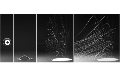 A raindrop, splashing on a porous surface, can release thousands of aerosols, as captured here in high-speed imaging experiments.
