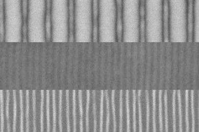These scanning electron microscope images show the sequence of fabrication of fine lines by the team's new method. First, an array of lines is produced by a conventional electron beam process (top). The addition of a block copolymer material and a topcoat result in a quadrupling of the number of lines (center). Then the topcoat is etched away, leaving the new pattern of fine lines exposed (bottom)...