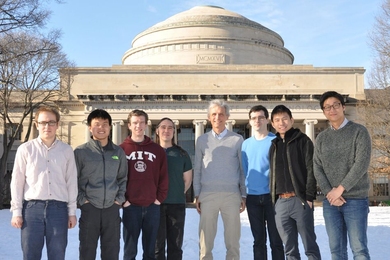 The Ketterle group at MIT's Killian court. Pictured from left to right: Furkan Çağrı Top, Junru Li, Sean Burchesky, Alan O. Jamison, Wolfgang Ketterle, Boris Shteynas, Wujie Huang, and Jeongwon Lee. 