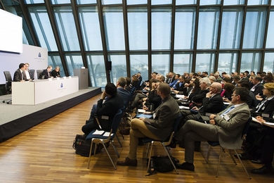 A panel discusses fostering innovation and entrepreneurship in the euro area at the European Central Bank headquarters in Frankfurt, Germany. 