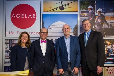 Left to right: Massachusetts Lieutenant Governor Karyn Polito, MIT AgeLab Director Joe Coughlin, MIT Center for Transportation and Logistics Director Yossi Sheffi, and Massachusetts Governor Charlie Baker