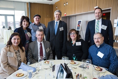 Standing, left to right: QCC Board members Felicia Gauthier (Lincoln Laboratory) and Mike Lessard (Haystack Observatory) join Lincoln Laboratory Director Eric Evans in welcoming Lincoln Laboratory employees to the club: Diane Kefalas, Forrest Hunsberger Jr., Melissa Speros, Alexander Speros (Class of 2016), and David Granchelli (standing, right). 