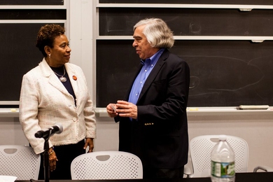 Two leading voices on nuclear issues, U.S. Rep. Barbara Lee and former Secretary of Energy Ernest Moniz, discussed the prospects for disarmament during a day-long conference on “Reducing the Threat of Nuclear War” held on MIT’s campus on May 6.
