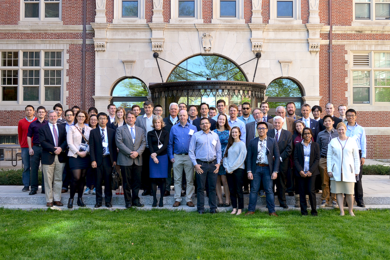Participants in the Metals and Minerals for the Environment initiative’s first public symposium on May 11 and 12 at MIT gathered for a group shot outside Fariborz Maseeh Hall.