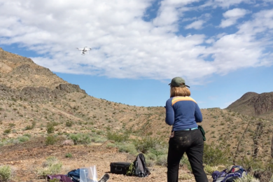 MIT teaching assistant Marjorie Cantine lands a drone in Death Valley.