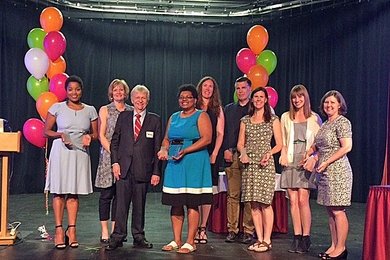 The 2017 DUE Infinite Mile Award winners: (left to right) Tyrene Jones, Jeanne Hillery, Dean Dennis Freeman, Latasha Boyd, Melissa Martin-Greene, Michael Bergren, Elizabeth Vogel Taylor, Lauren McKown, and Katherine Wahl.