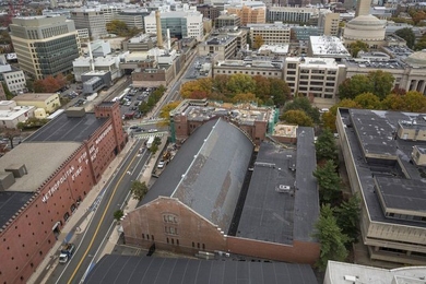 Bird's-eye view centers on MIT Building W31, where the new Office of Multicultural Programs and LBGT Services offices will be located.