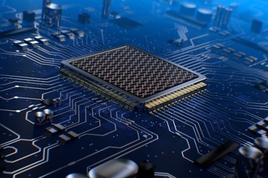 This futuristic drawing shows programmable nanophotonic processors integrated on a printed circuit board and carrying out deep learning computing.
