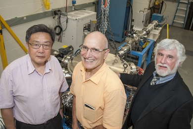 Left to right: Chikang Li, Richard Petrasso and Fredrick Seguin perform research in the MIT Plasma Science and Fusion Center's High-Energy-Density Physics Accelerator Facility, which develops and characterizes nuclear diagnostics for inertial fusion facilities across the country. Petrasso notes, "This lab is important in training undergrads and grads. It allows them to build and develop an array o...