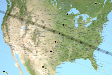 A map of the United States shows the path of totality for the August 21 solar eclipse.