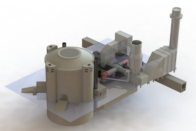 One proposed application of the firebrick-based thermal storage system is depicted in this hypothetical configuration, where it is coupled to a nuclear power plant to provide easily dispatchable power.
