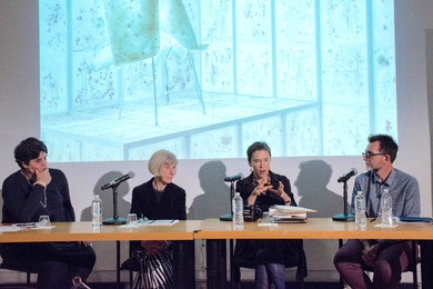 Left to right: Rania Ghosn, Rosalind Williams, and Caroline Jones joined guest lecturer Imre Szeman for a panel discussion after his talk on ways to shift from “petroculture.”