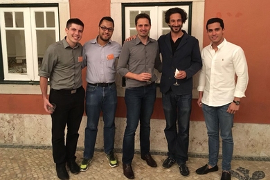 The MITx "United Nations" team pose with Connor Makowski of the MIT Center for Transportation and Logistics (far left). Left to right: Makowski, Carlos Mira, Ivan Rogério Gameiro Roumeliotis, Andrea Tretti, and Aaron Ramos Reyes.