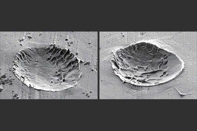 Micrographs of a metal surface after impact by metal particles. Craters are formed due to melting of the surface from the impact.

