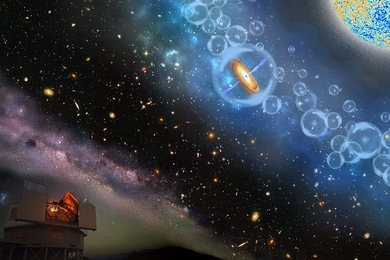 Artist’s conceptions of the most-distant supermassive black hole ever discovered, which is part of a quasar from just 690 million years after the Big Bang. It is surrounded by neutral hydrogen, indicating that it is from the period called the epoch of reionization, when the universe's first light sources turned on.
