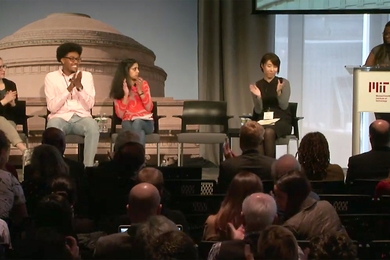 Four MIT students from the first "MIT and Slavery" class (21H.S01) presented well-researched information and narratives that shed new light on the history of science and technology in the U.S. (Left to right) Charlotte Minsky '20, Kelvin Green II '21, Mahi Elango '20, teaching assistant and PhD student Clare Kim, and, at the podium, Alaisha Alexander '18. 