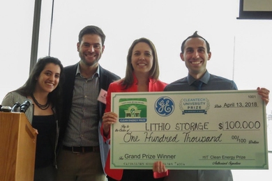 Lithio Storage, a team from Tufts University and Northwestern University, won the top $100,000 MIT Clean Energy Prize (CEP) for developing an electrolyte that helps batteries withstand much broader temperature ranges, making them safer, more energy efficient, and cheaper to operate. Pictured is team member and inventor Anthony D’Angelo (right) with (from left) CEP co-managing directors Lisa Khan...