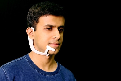 Arnav Kapur, a researcher in the Fluid Interfaces group at the MIT Media Lab, demonstrates the AlterEgo project.
