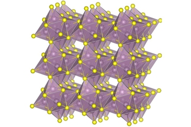 Molecular diagram shows the structure of molybdenum sulfide, one of the materials used to create the new kind of cathode for lithium-sulfur batteries.