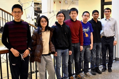 MIT Mathematics excelled at this year's Putnam Competition: (l-r) Shengtong Zhang, Danielle Wang, Junyao Peng, Yunkun Zhou, Yuan Yao, Ashwin Sah, and coach Yufei Zhao.