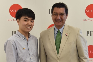 Jay Park (pictured, left) was one of three Boston-area high school students to receive a 2019 OMEGA scholarship, along with Sidonie Brown and Brook Masse. Pictured at right is AARP Massachusetts Director Michael Festa. 