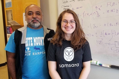 Course 18C student Sonia Reilly (right) stands with her UROP research advisor, Sai Ravela, in the Department of Earth, Atmospheric and Planetary Sciences, where she worked on a machine learning project this summer. 