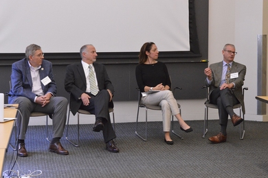 Forum participants engage in a discussion to advance CEE curriculum fundamentals. (Left to right:) Donald Webster of Georgia Tech, David Rosowsky of the University of Vermont, Julie Zimmerman of Yale University, and Robert Gilbert of the University of Texas at Austin.