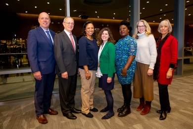 Left to right: MIT Provost Martin Schmidt and President L. Rafael Reif stand with 2019 Bose Fellows Kristala Prather, Mary Gehring, and Sandy Alexandre, along with Judy Bose and Ursula Bose.
