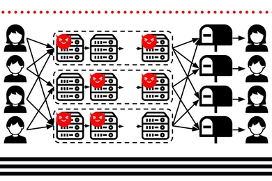In a new metadata-protecting scheme, users send encrypted messages to multiple chains of servers, with each chain mathematically guaranteed to have at least one hacker-free server. Each server decrypts and shuffles the messages in random order, before shooting them to the next server in line. 