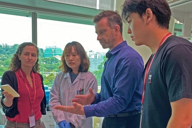 SMART Antimicrobial Resistance Interdisciplinary Research Group and Low Energy Electronic Systems researchers (l-r) Hadley Sikes, Jia Huan, Tonio Buonassisi, and Isaac Siyu Tian optimize materials used in rapid protein tests.