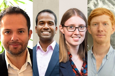 MIT's Department of Energy 2020 Early Career Research Program winners: (left to right) Ronald Fernando Garcia Ruiz, Karthish Manthiram, Phiala Shanahan, and Wim van Rees.