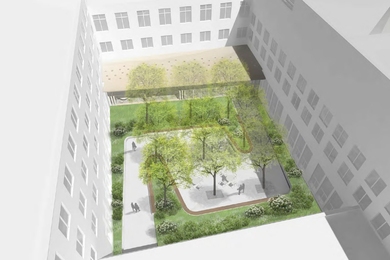 Architectural rendering showing the courtyard in MIT's Building 14 from above