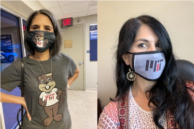 Two photos of women modeling MIT face masks