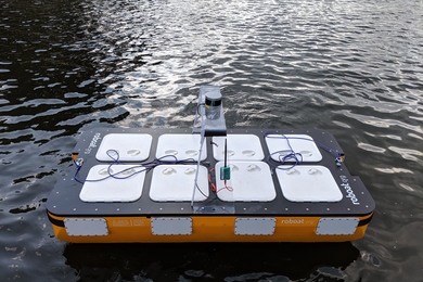 Close-up photo of the MIT autonomous boat Roboat II