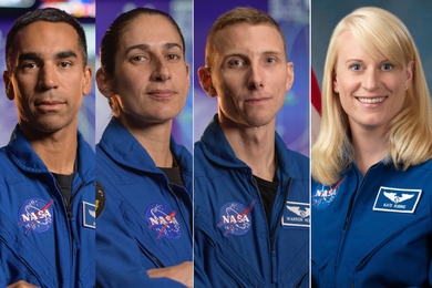 NASA publicity photos of astronauts Chari, Moghbeli, Hoburg, and Rubins
