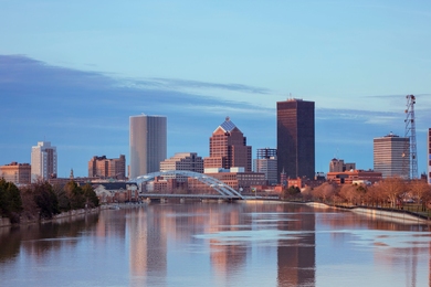Photo of the skyline in front of Lake Ontario in the city of Rochester, New York