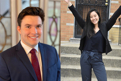 Headshot photo of Max Williamson, smiling, and a photo of Yu Jing Chen smiling with her arms raised in the air