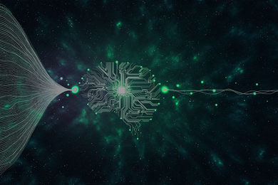 Illustration of what looks like a brain made out of circuits, floating in space