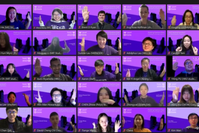 Zoom screenshot of 25 students during icebreaking activities. They all appear before identical purple backgrounds.