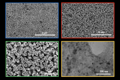 Two by two grid featuring four black-and-white scanning electron microscope images of boiling surfaces