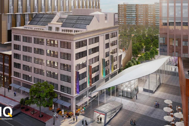 Illustration of city street with E38 building in the center