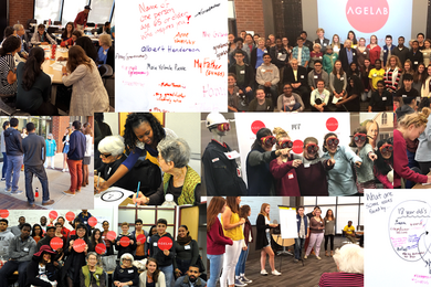 Photo collage shows about half a dozen scenes of youths interacting with elders