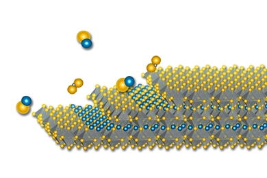 Illustration of the molecular structure of a material with molecules shown in layers. Each molecule is seen as an octahedral structure with yellow or blue balls at the vertices. 